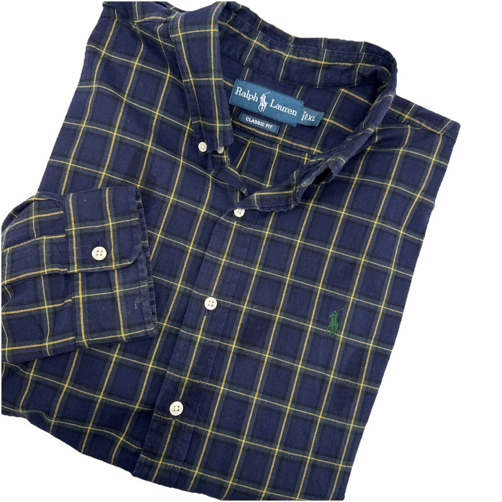 Ralph Lauren Long‎ Sleeve Navy Blue Green Yellow Plaid Oxford Shirt ~ XL